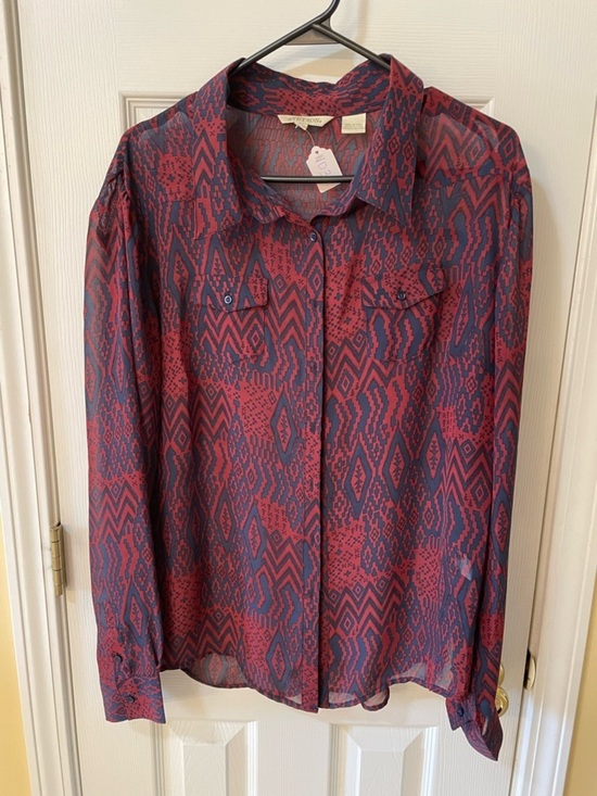 Stetson Tops - Stetson Western Aztec Sheer Blouse Size M Red Navy Button Up